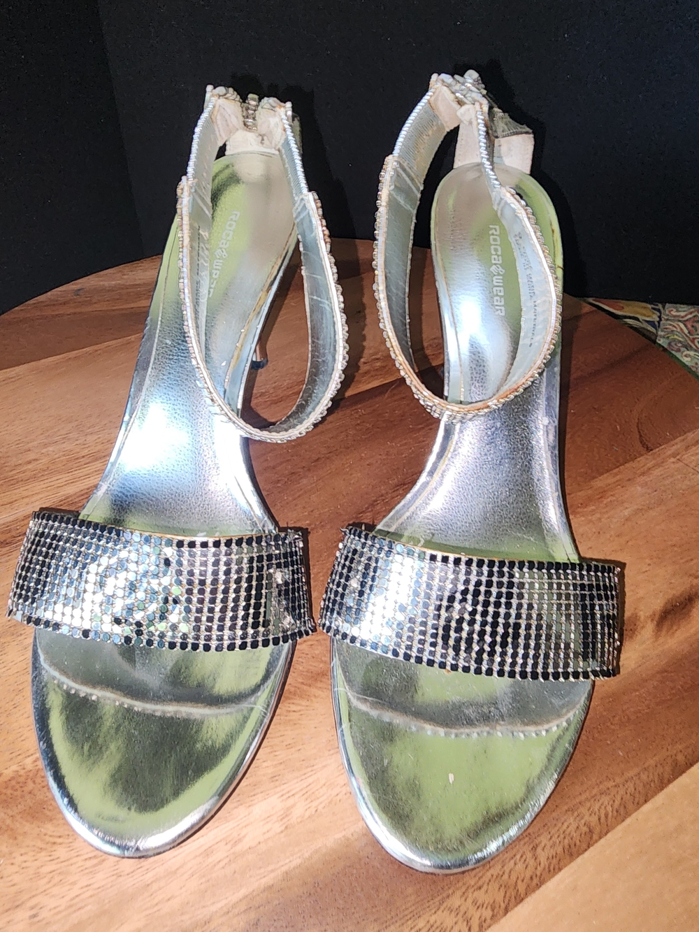 Rocawear Silver Metallic Ankle-Strap Heeled Sandals with Rhinestone Band